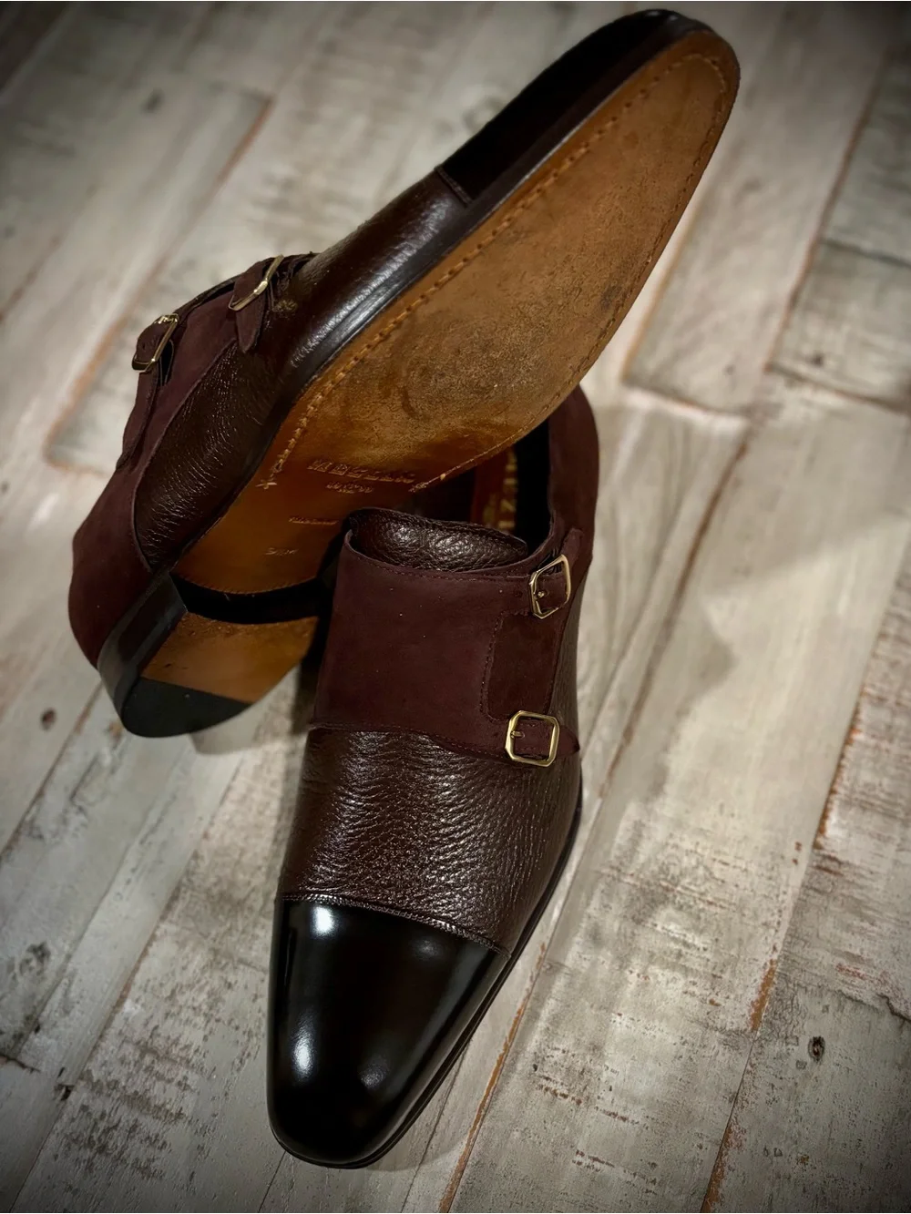Mezlan Brown Three-Texture Double Monk Strap Shoes. Classic, elegance & quality
